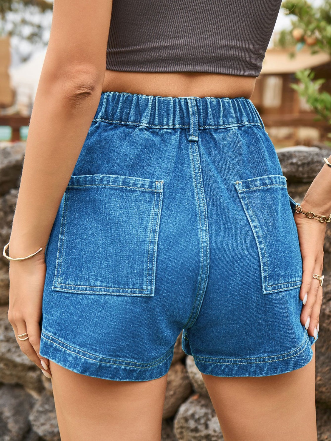 High Waist Denim Shorts with Pockets-Angel Casuals