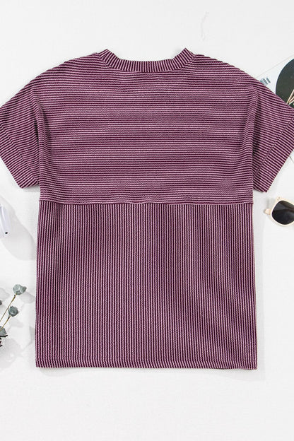 Corded Knit Mock Neck Short Sleeve T Shirt-Angel Casuals