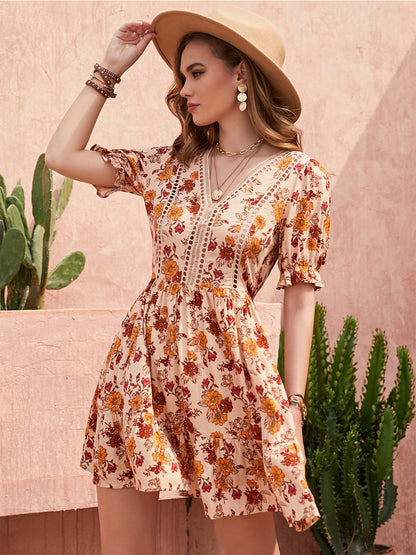 Floral V-Neck Flounce Sleeve Ruffle Hem Dress-Angel Casuals