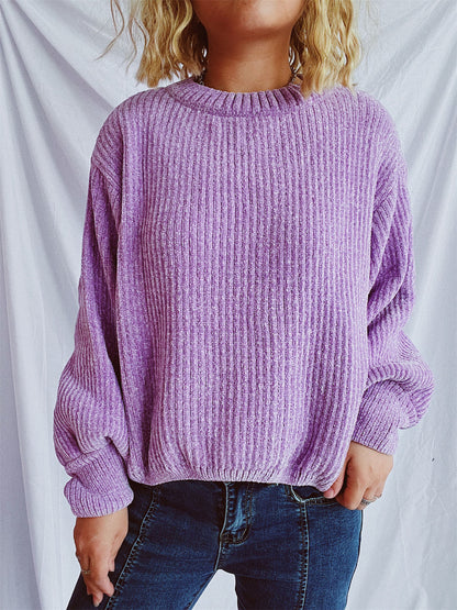 Round Neck Dropped Shoulder Long Sleeve Sweater-Angel Casuals