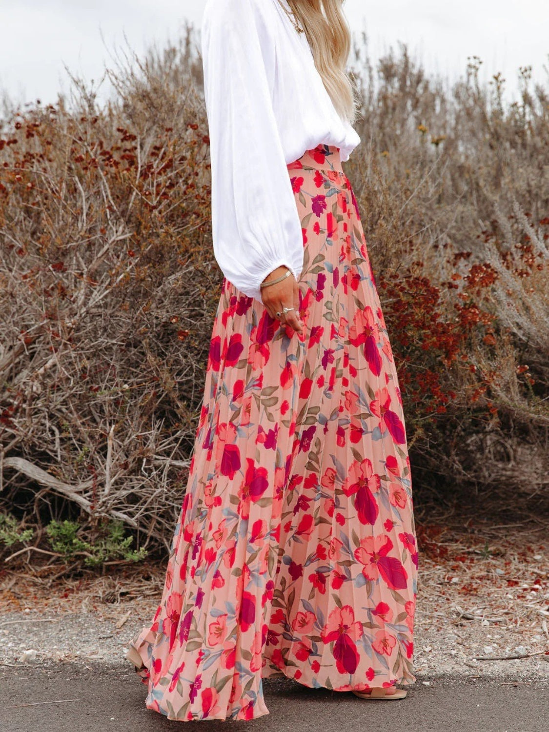 Printed Elastic Waist Pleated Maxi Skirt-Angel Casuals