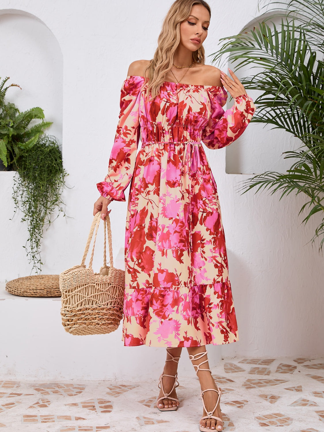 Printed Long Sleeve Midi Dress-Angel Casuals