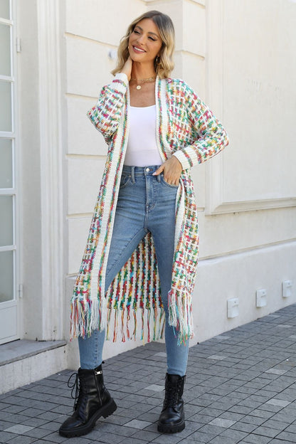 Multicolored Open Front Fringe Hem Cardigan-Angel Casuals