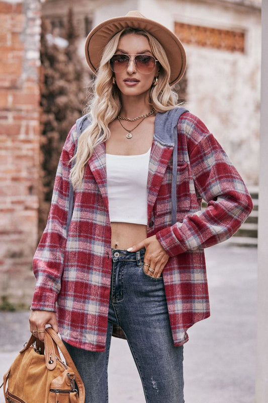 Plaid Dropped Shoulder Hooded Longline Jacket-Angel Casuals