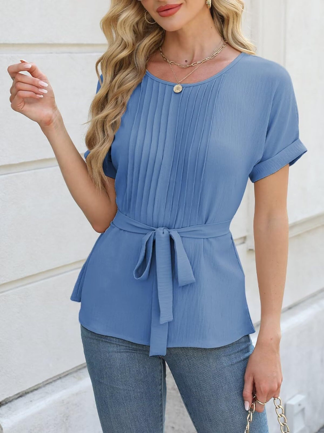 Tied Pleated Round Neck Short Sleeve Top-Angel Casuals