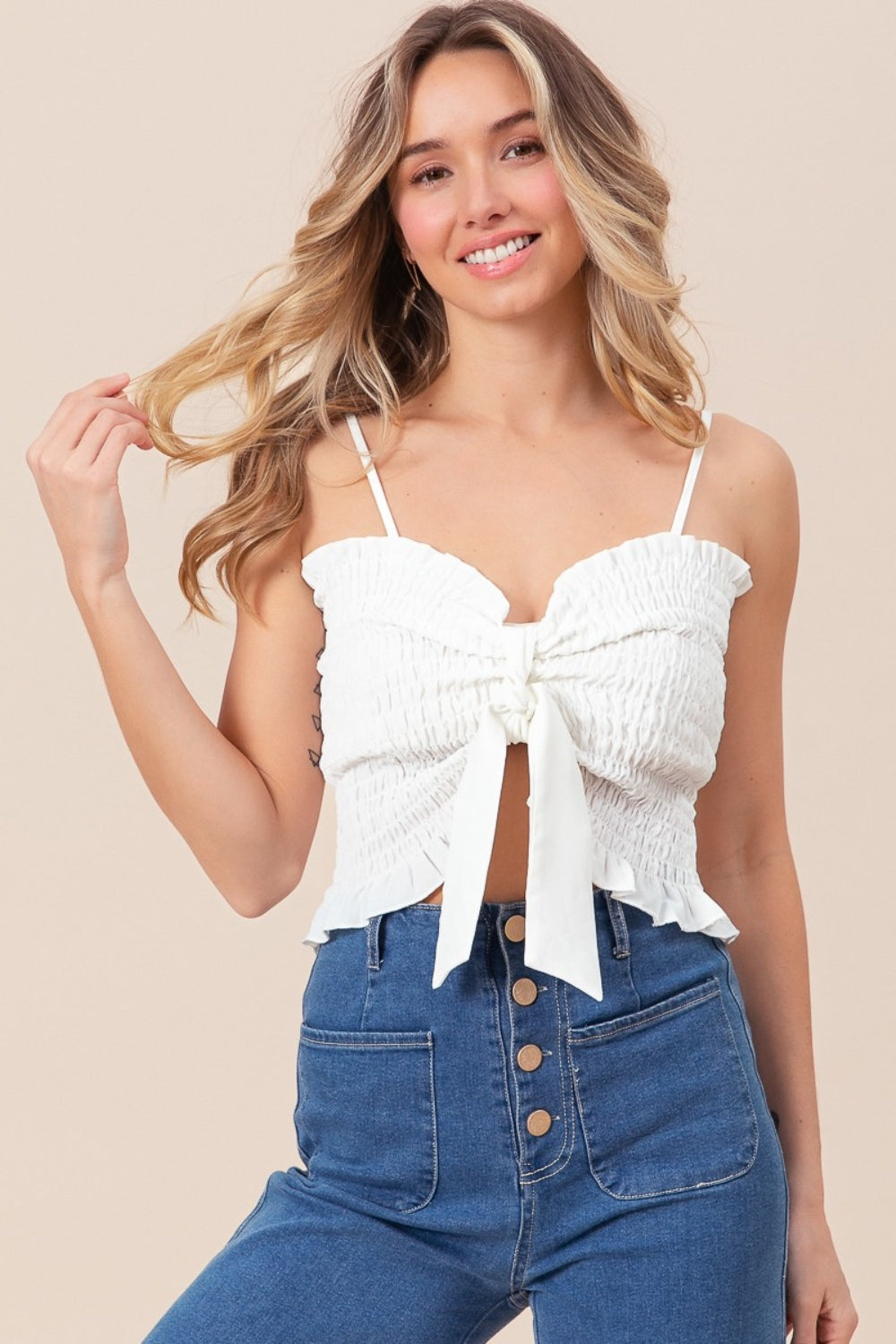 BiBi Ruffled Smocked Ribbon Detail Cami-Angel Casuals