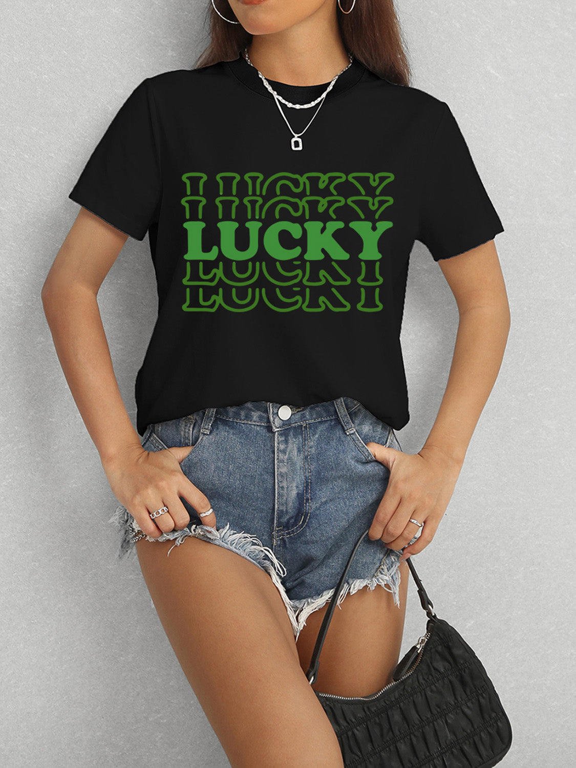 LUCKY Round Neck Short Sleeve T-Shirt-Angel Casuals
