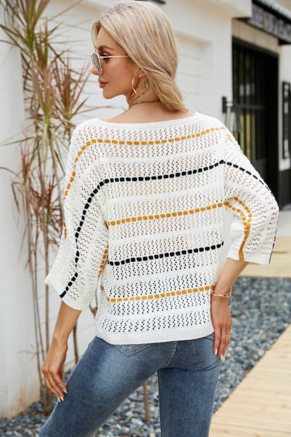 Striped Openwork Three-Quarter Sleeve Knit Top-Angel Casuals