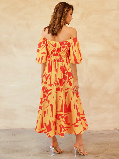 Printed Off-Shoulder Balloon Sleeve Dress-Angel Casuals