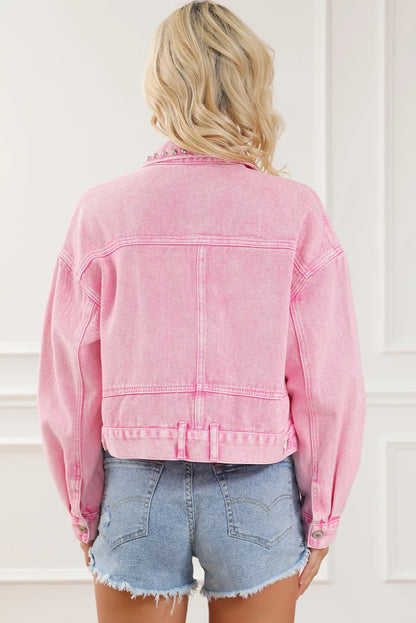 Studded Collared Neck Denim Jacket with Pockets-Angel Casuals