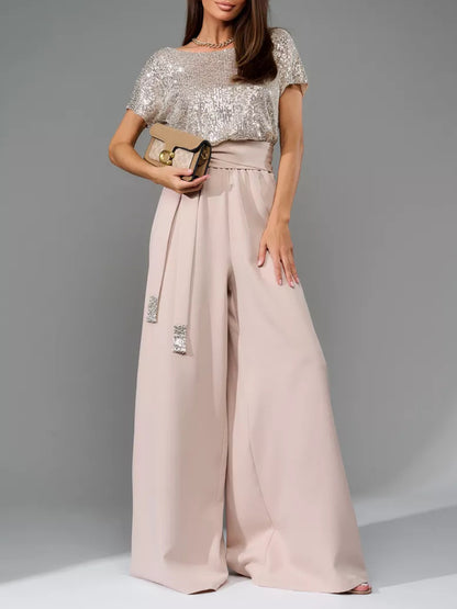 Full Size Sequin Round Neck Short Sleeve Wide Leg Jumpsuit-Angel Casuals