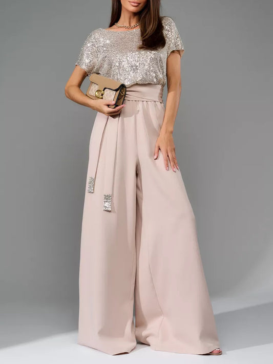 Full Size Sequin Round Neck Short Sleeve Wide Leg Jumpsuit-Angel Casuals