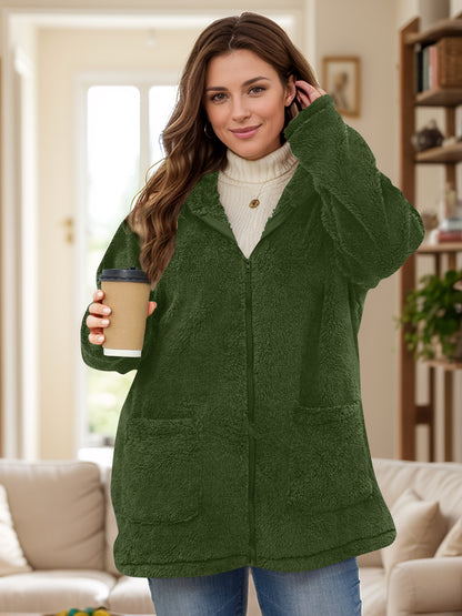 Plus Size Zip Up Long Sleeve Hooded Outerwear-Angel Casuals