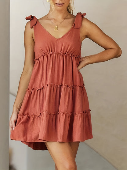 Full Size Frill V-Neck Tie Shoulder Mini Dress-Angel Casuals