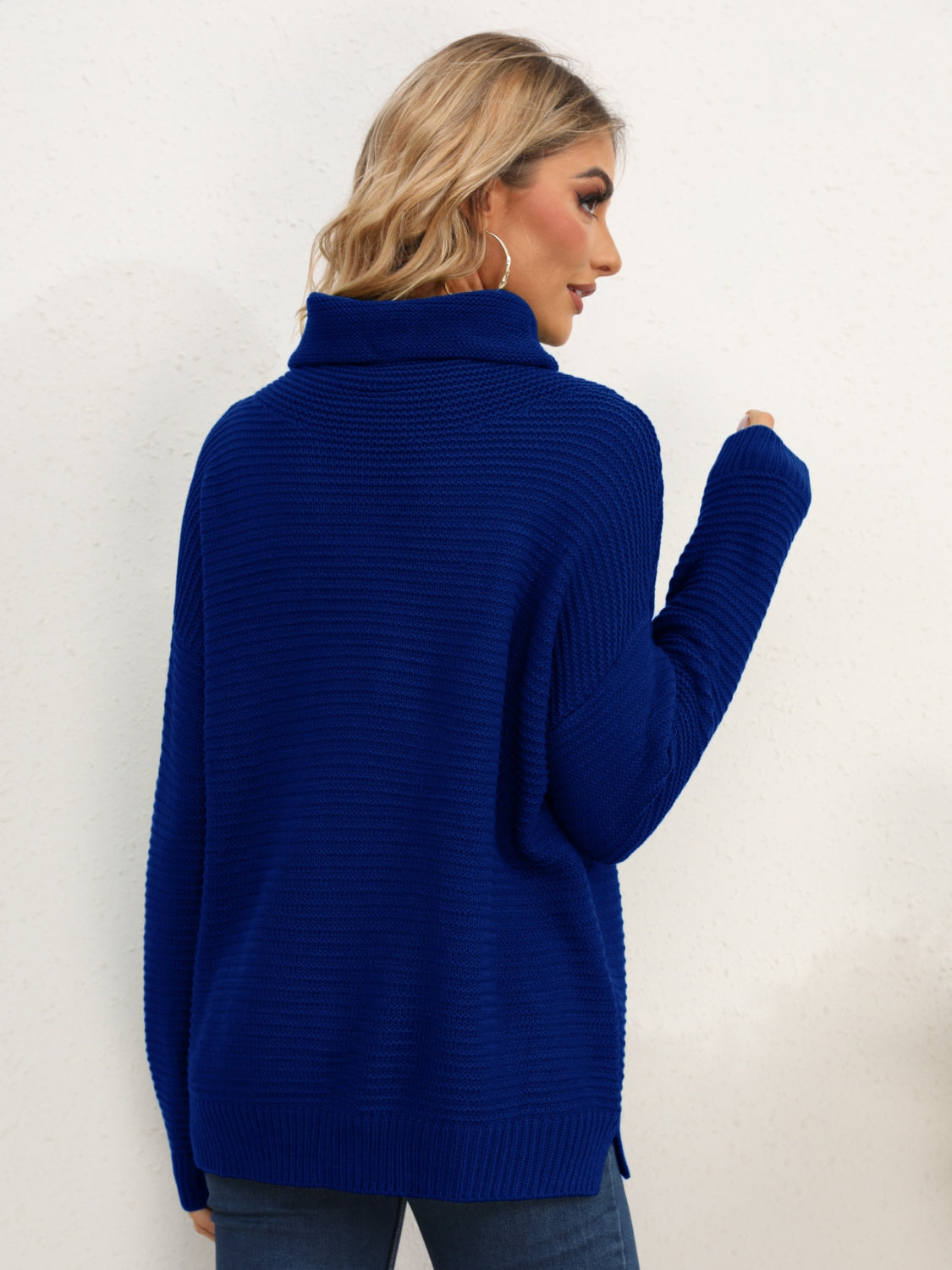 Slit Turtleneck Dropped Shoulder Sweater-Angel Casuals