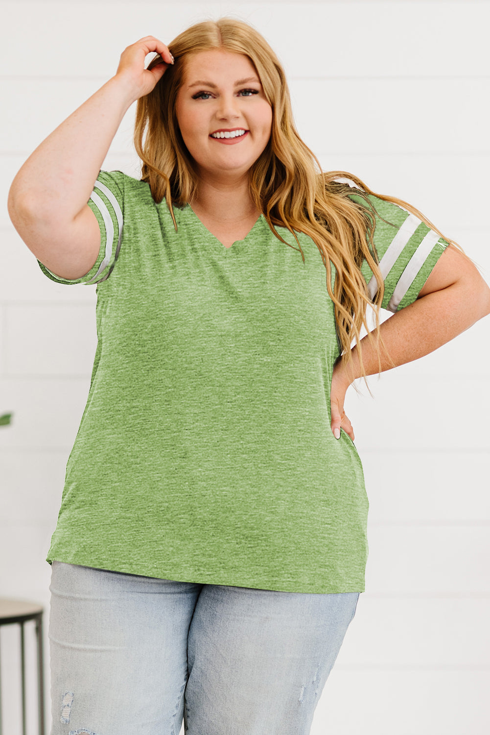 Plus Size Striped V-Neck Tee Shirt-Angel Casuals