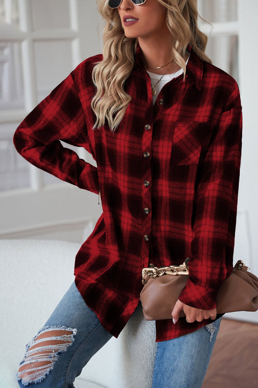 Plaid Button Up Dropped Shoulder Outerwear-Angel Casuals