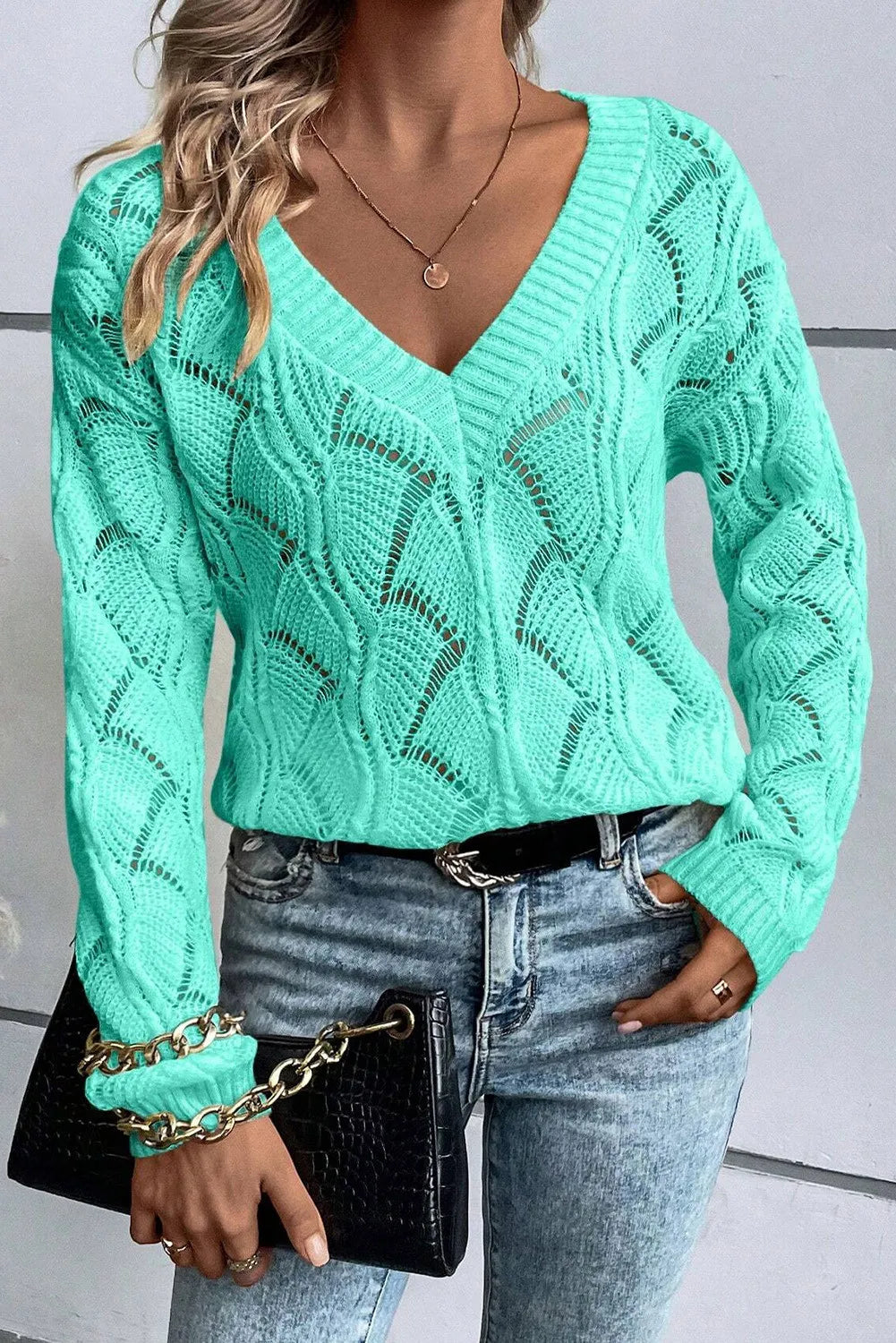 Openwork V-Neck Long Sleeve Sweater-Angel Casuals