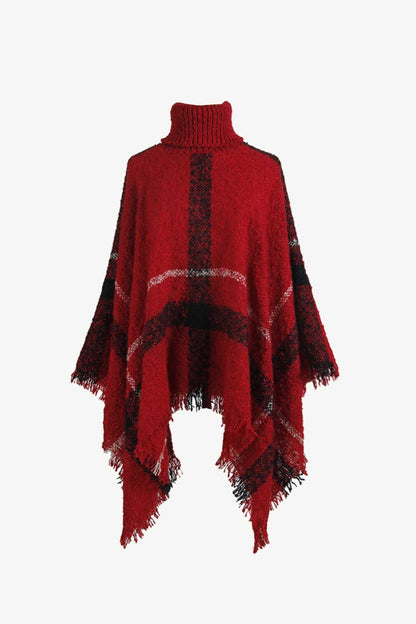 Plaid Turtleneck Raw Hem Poncho-Angel Casuals