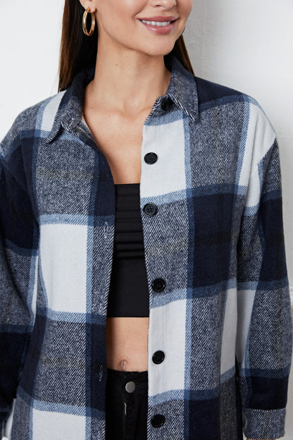Plaid Button Up Collared Neck Outerwear-Angel Casuals