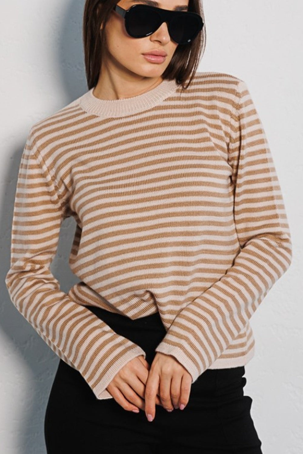 Striped Round Neck Long Sleeve Sweater-Angel Casuals