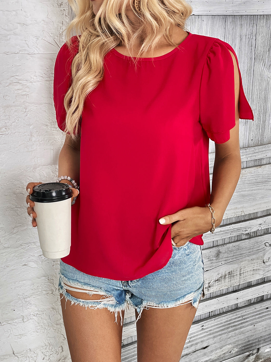 Round Neck Slit Short Sleeve Top-Angel Casuals