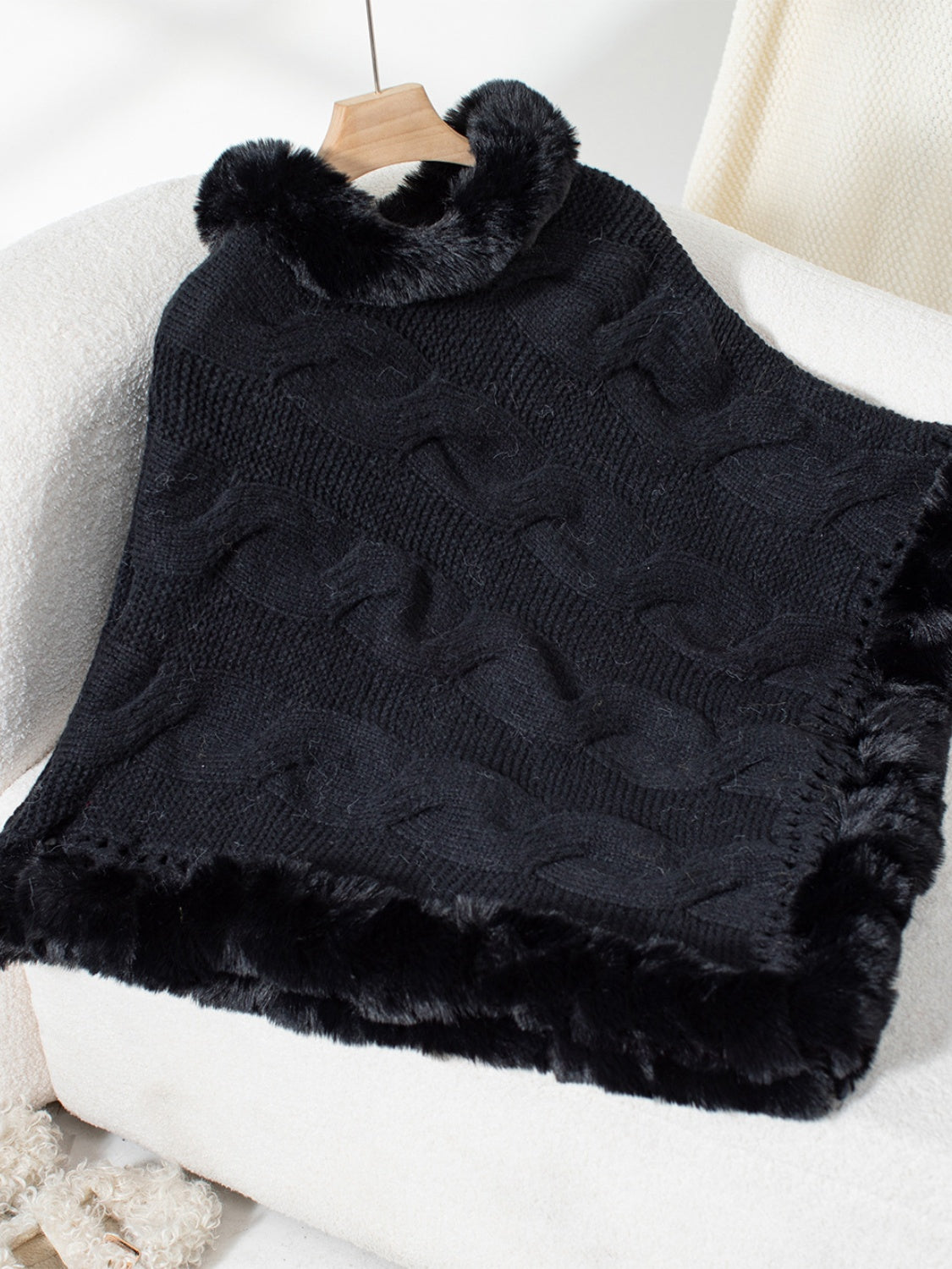 Fuzzy Hem Cable-Knit Poncho-Angel Casuals