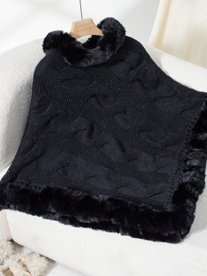 Fuzzy Hem Cable-Knit Poncho-Angel Casuals
