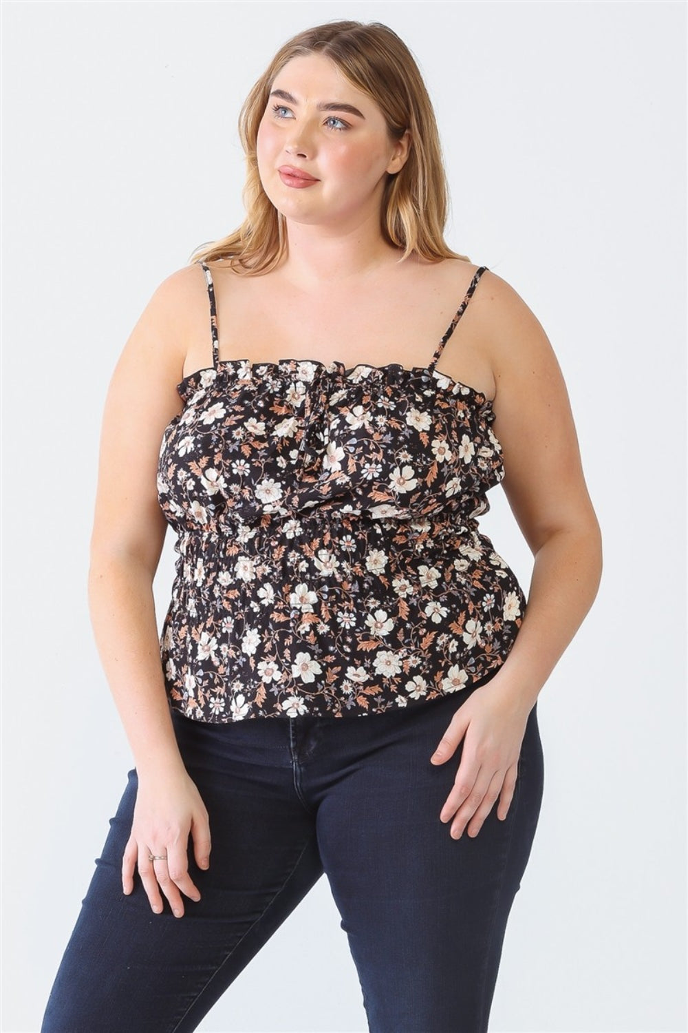 Zenobia Plus Size Frill Floral Square Neck Cami-Angel Casuals