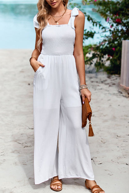 Frill Trim Tie Shoulder Wide Leg Jumpsuit with Pockets-Angel Casuals