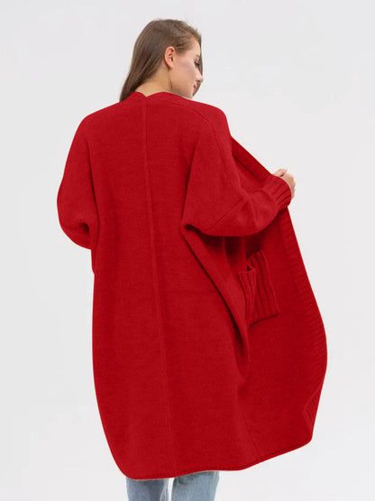 Pocketed Open Front Long Sleeve Longline Cardigan-Angel Casuals