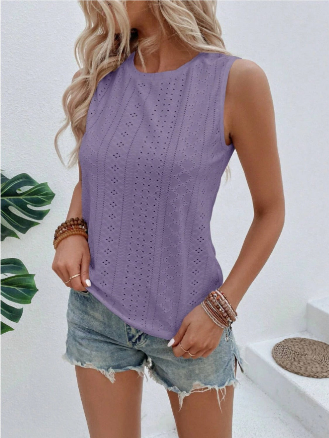 Eyelet Round Neck Tank-Angel Casuals