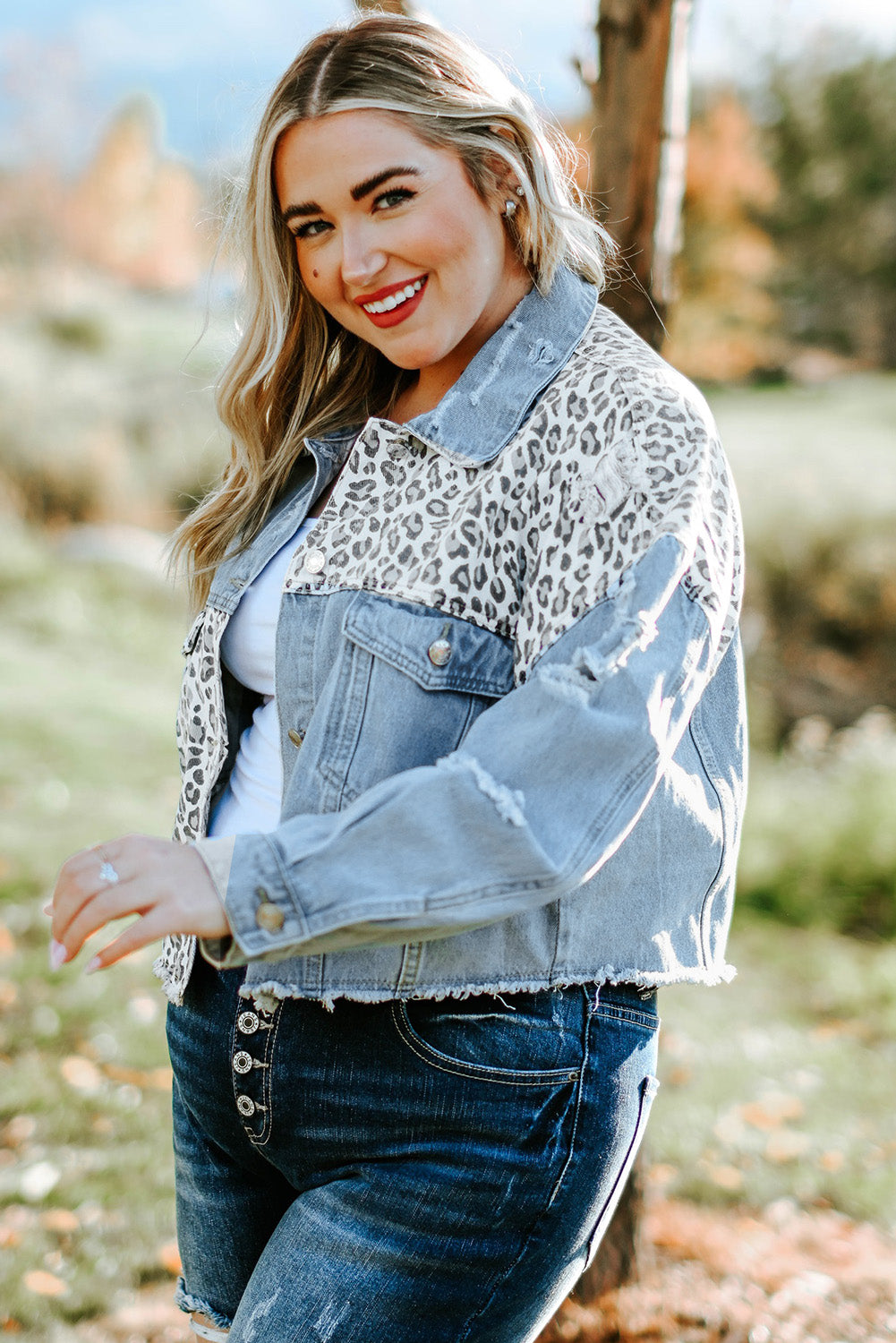 Plus Size Leopard Raw Hem Distressed Spliced Denim Jacket-Angel Casuals