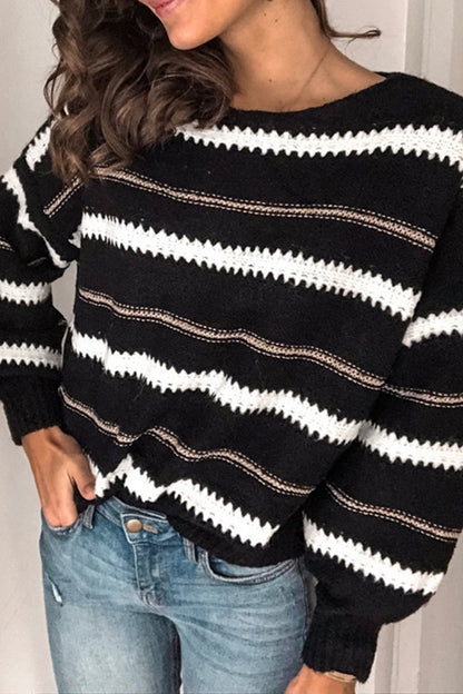 Contrast Striped Round Neck Long Sleeve Sweater-Angel Casuals