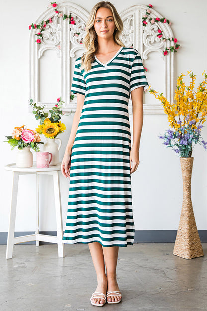 Striped V-Neck Short Sleeve Side Slit Dress-Angel Casuals