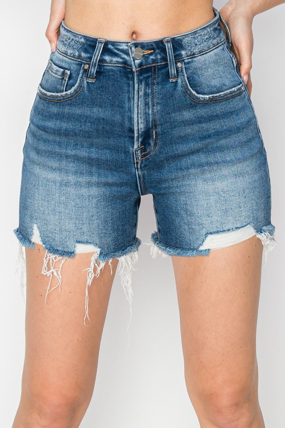 RISEN High Rise Raw Hem Distressed Denim Shorts-Angel Casuals