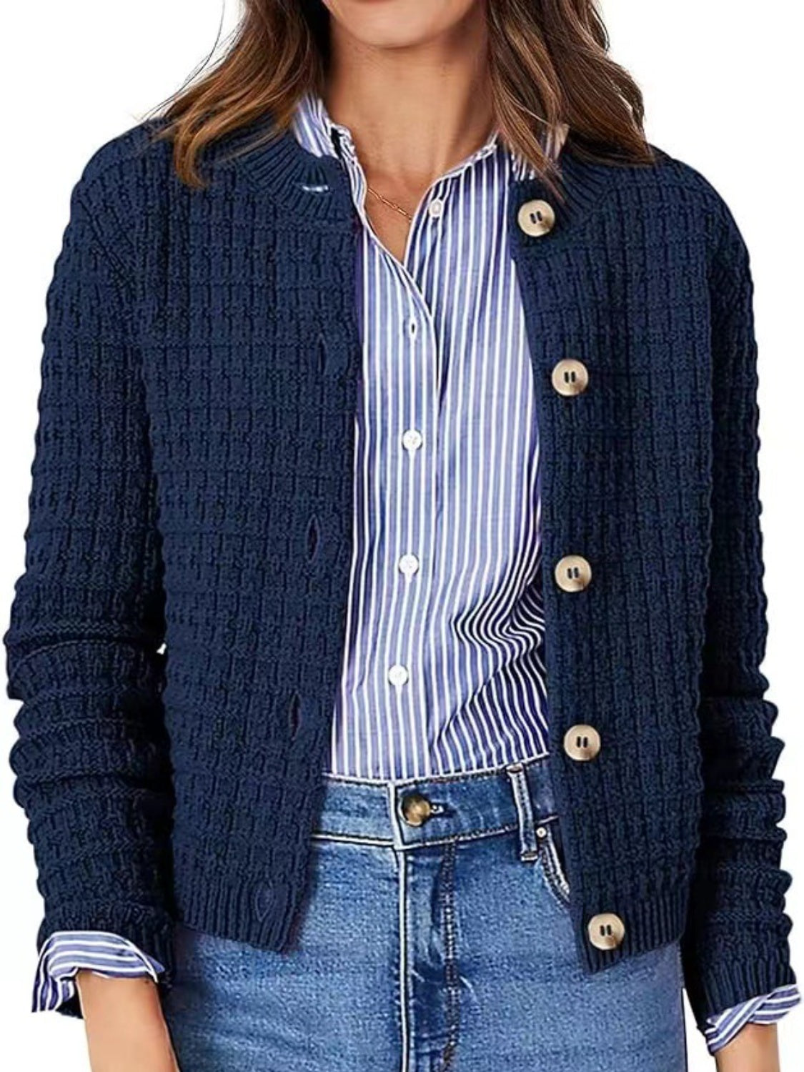 Button Up Round Neck Long Sleeve Cardigan-Angel Casuals