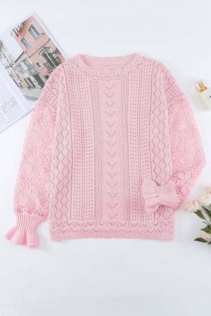 Openwork Round Neck Long Sleeve Sweater-Angel Casuals