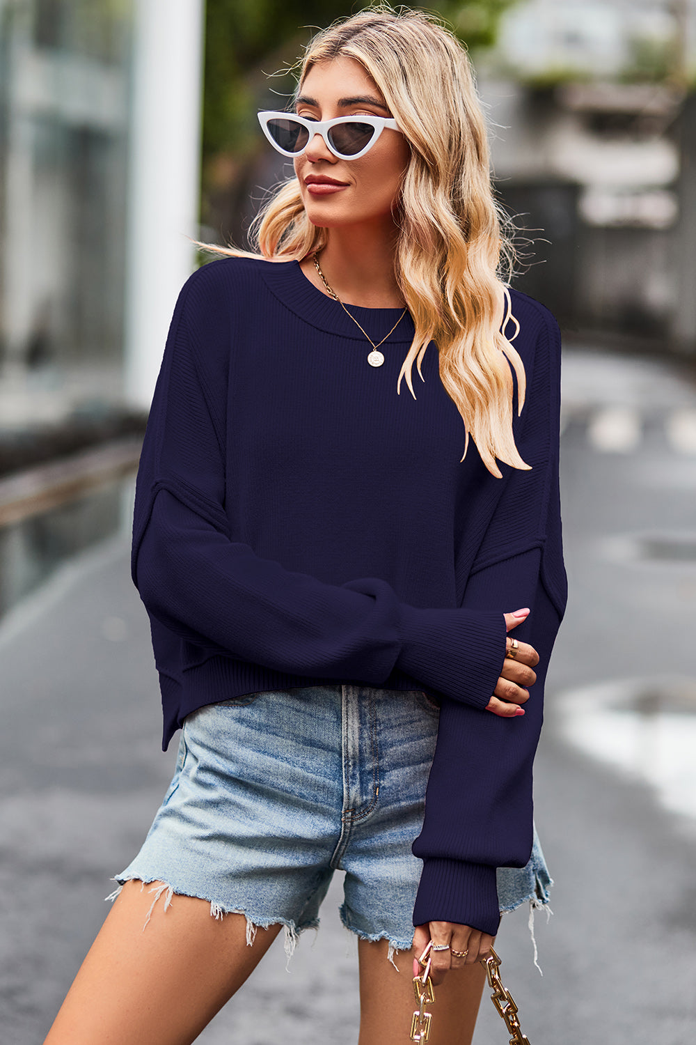 Round Neck Drop Shoulder Long Sleeve Sweater-Angel Casuals