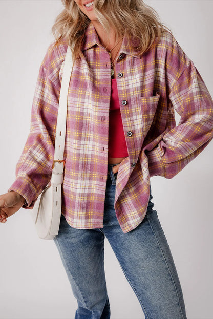 Plaid Collared Neck Long Sleeve Shacket-Angel Casuals