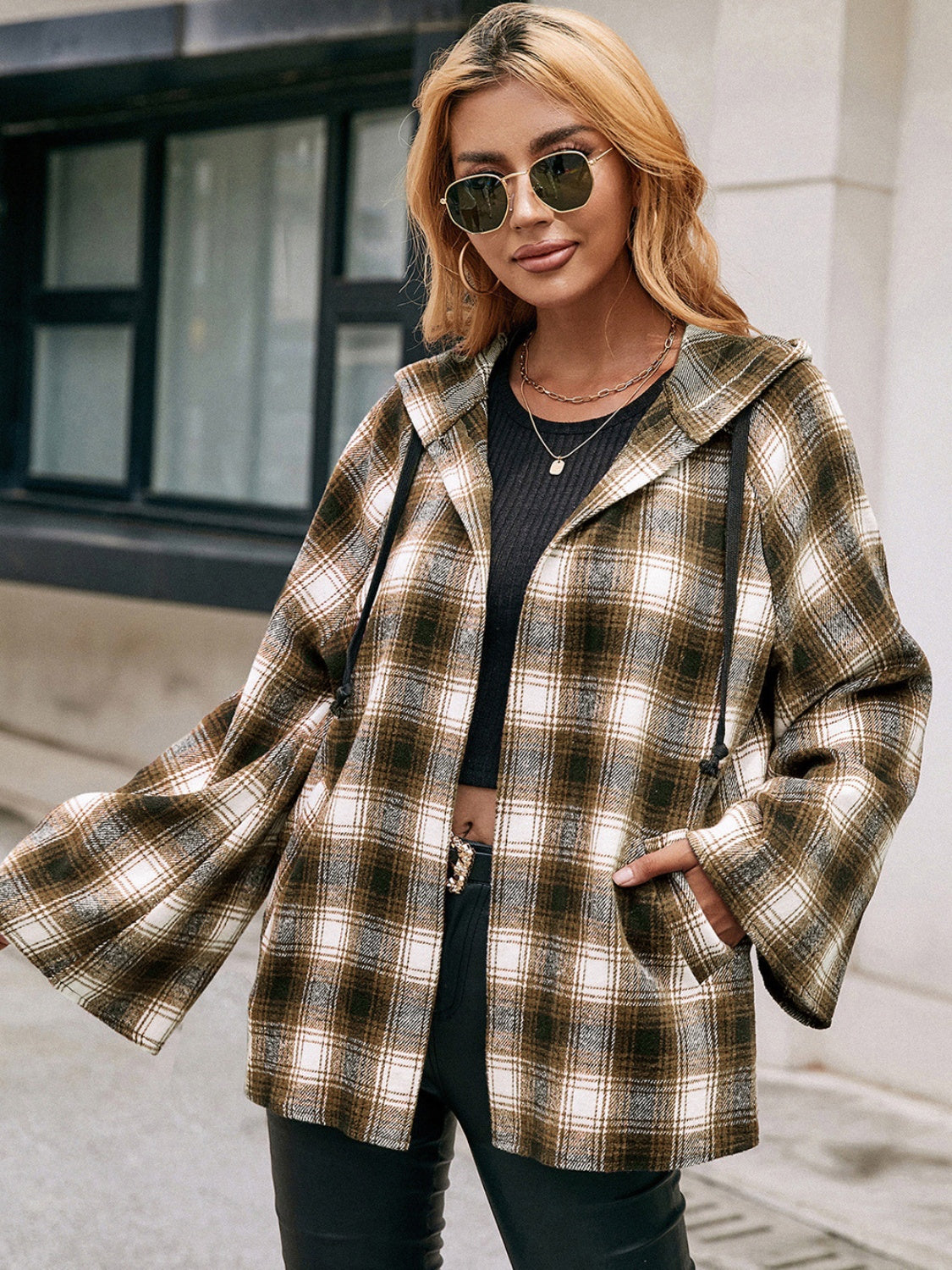 Ivy Lane Pocketed Plaid Long Sleeve Hooded Jacket-Angel Casuals