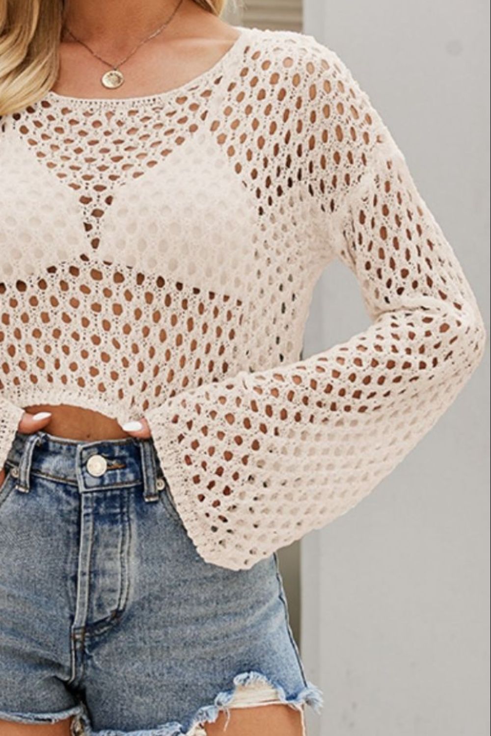 Openwork Round Neck Dropped Shoulder Knit Top-Angel Casuals