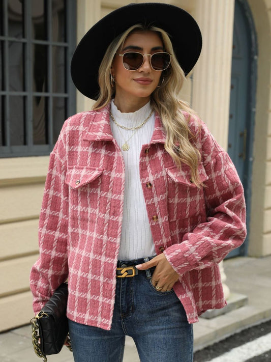 Plaid Collared Neck Long Sleeve Jacket-Angel Casuals