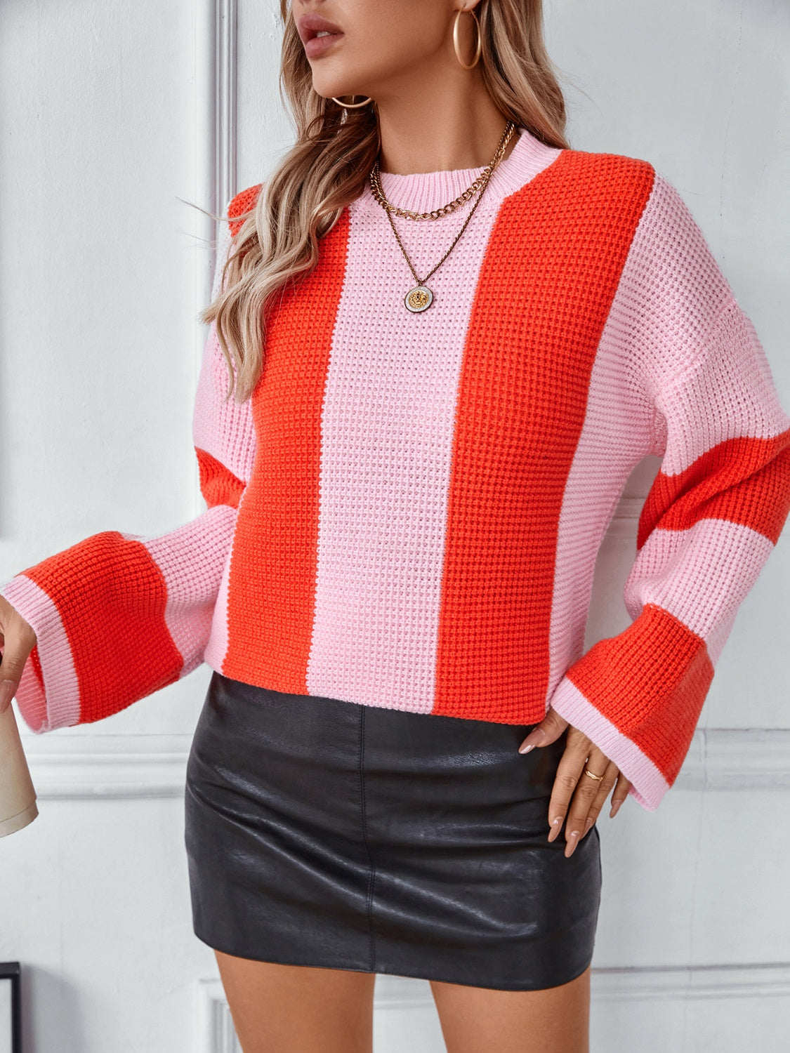 Color Block Round Neck Long Sleeve Sweater-Angel Casuals