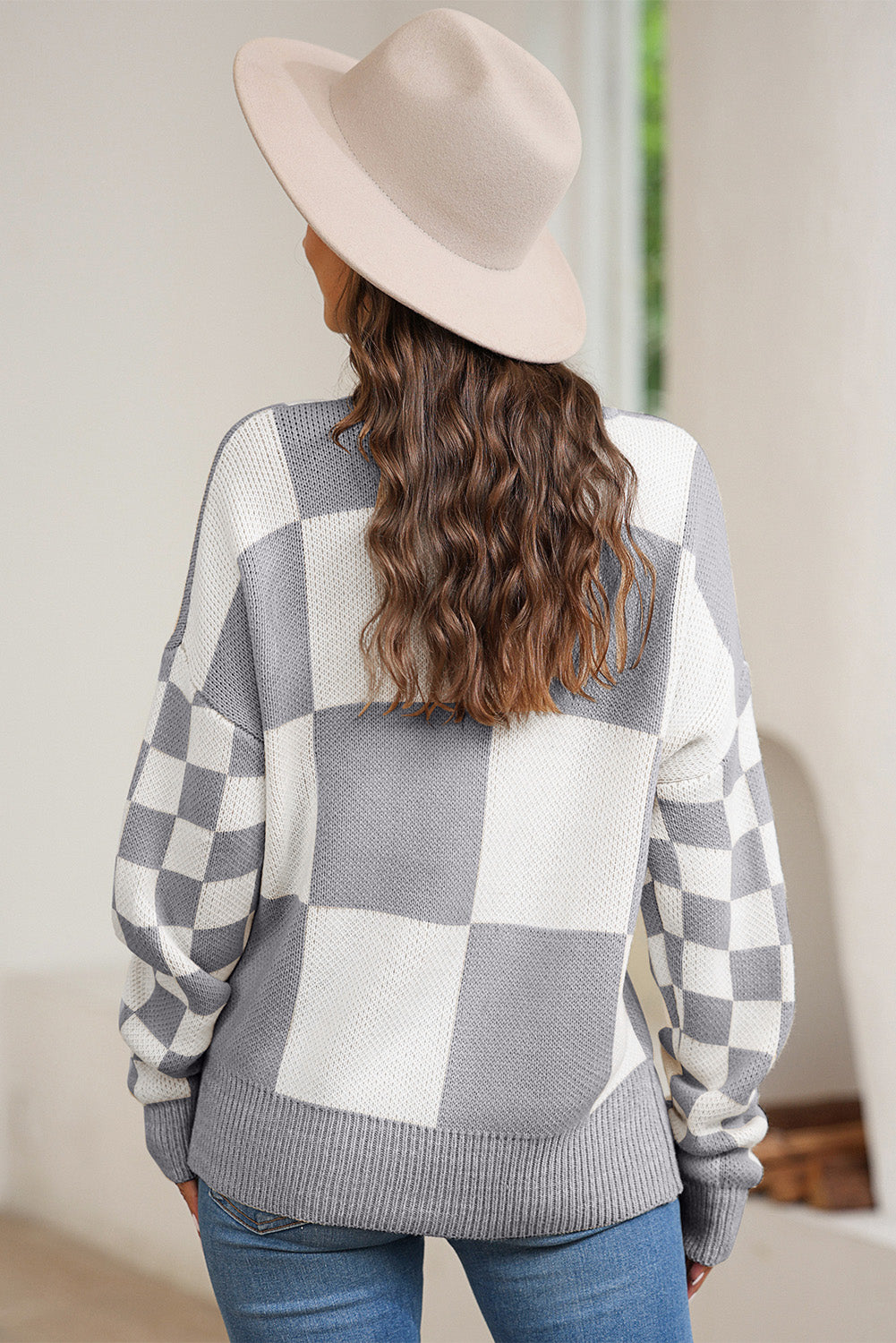 Plaid Round Neck Dropped Shoulder Sweater-Angel Casuals