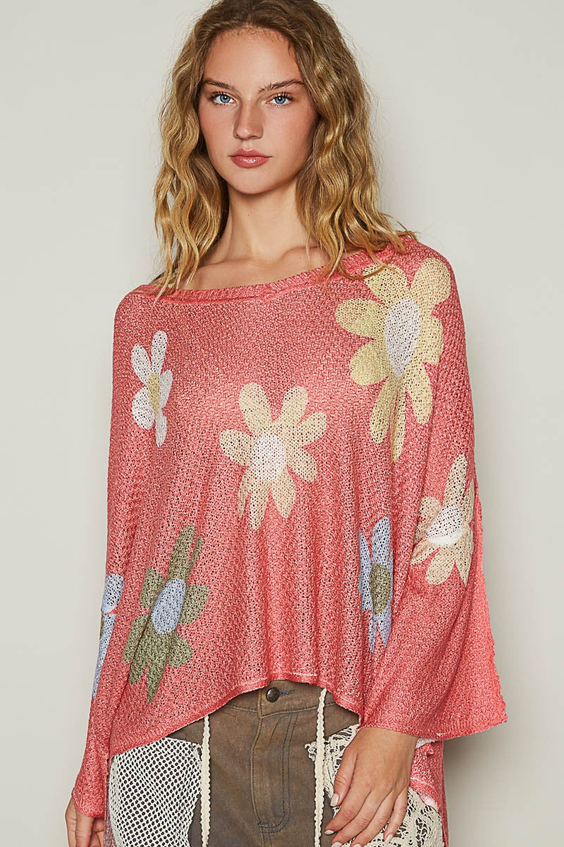 POL Flower Dropped Shoulder Long Sleeve Knit Top-Angel Casuals