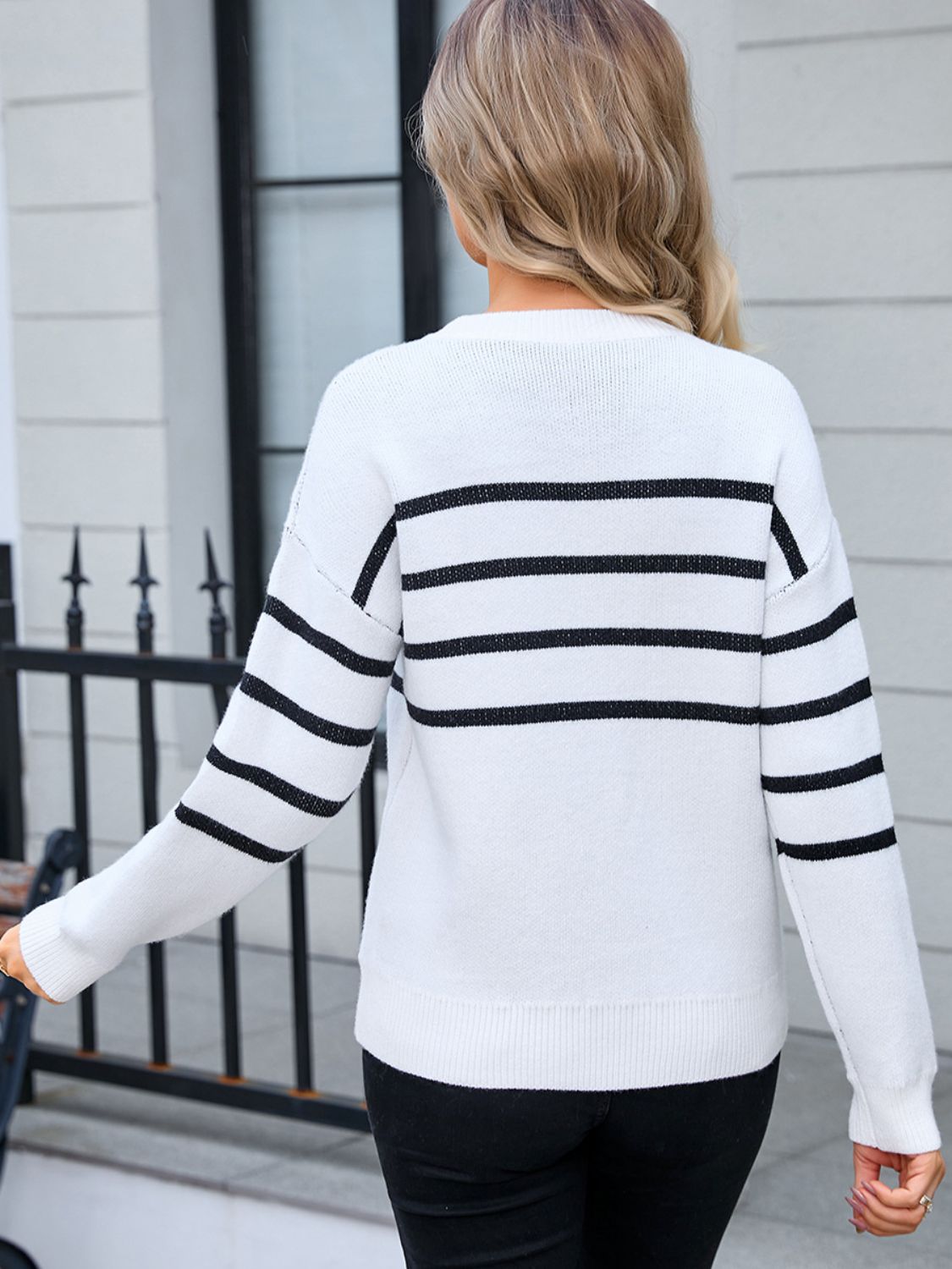Angel Wings Striped Round Neck Long Sleeve Sweater-Angel Casuals