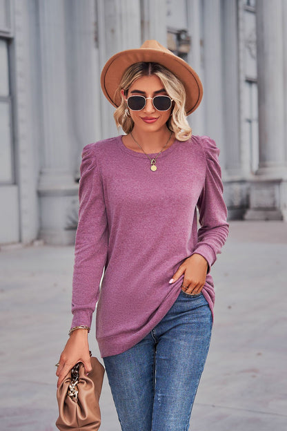 Heathered Puff Sleeve Round Neck Tunic Top-Angel Casuals