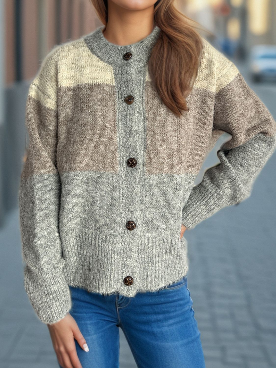 Color Block Round Neck Button Up Cardigan-Angel Casuals