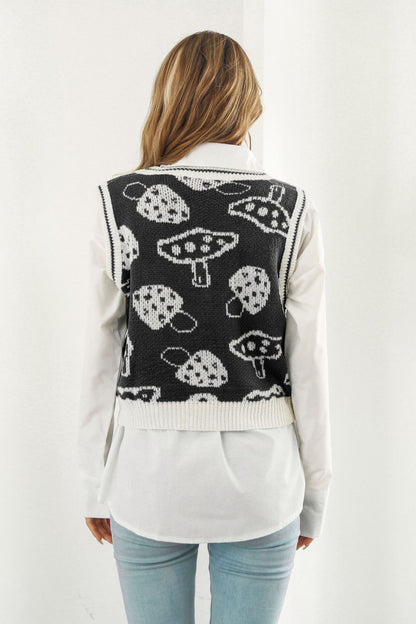 Printed Plunge Neck Sweater Vest-Angel Casuals